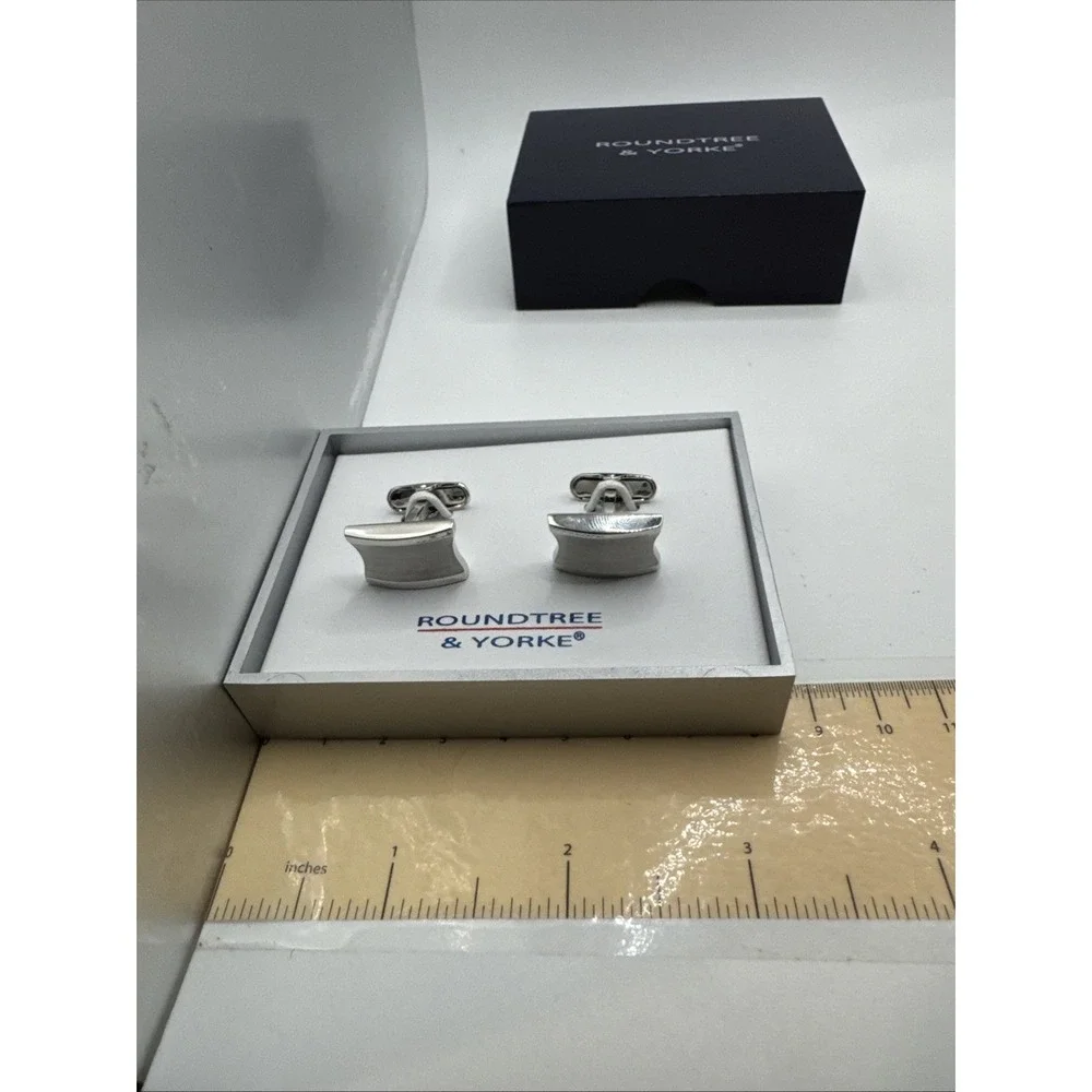 Roundtree & Yorke Mens Silver Tone Curved Rectangular Cufflinks NIB 61YK43X107